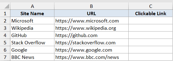 Hyperlink Function Dataset Example 1 showing an Excel table with columns for Site Name, URL, and Clickable Link