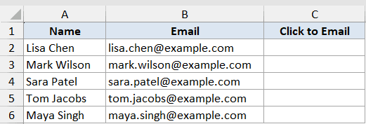 Hyperlink Function Dataset Example 2: Excel table with columns for Name, Email, and a blank Click to Email column