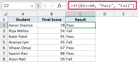 Excel formula bar showing =IF(B2>=60,