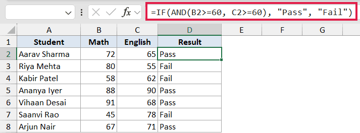 Excel IF formula with AND function in the formula bar, evaluating student Math and English scores for Pass or Fail results