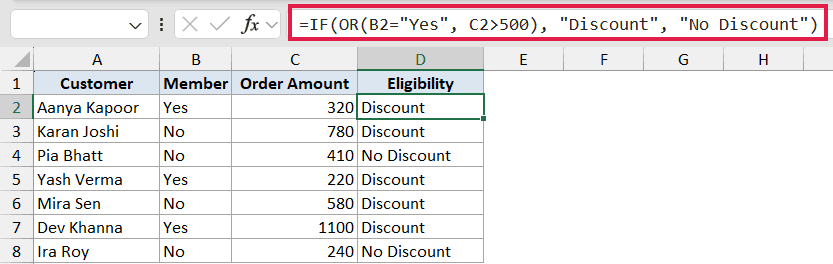 Excel IF formula using OR logic to determine discount eligibility based on member status or order amount over 500