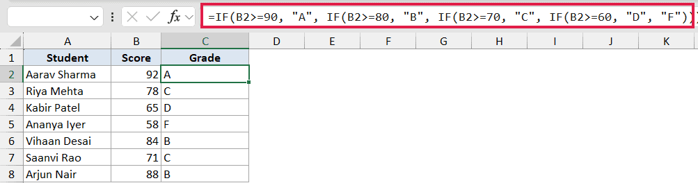 Excel formula bar showing a nested IF function for grading scores, with student names and letter grades in a table