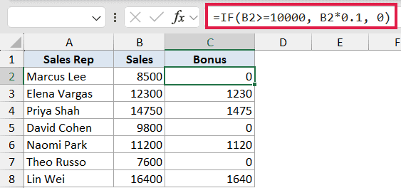 Excel formula bar showing IF function calculating a 10 percent bonus for sales over 10000 in a sales data table