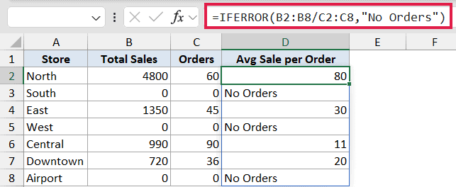 Excel formula bar showing IFERROR function replacing division by zero errors with No Orders text in a sales table