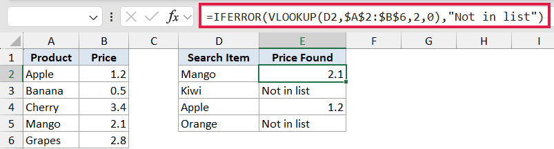 Excel formula bar showing IFERROR wrapping a VLOOKUP function to return Not in list for missing search items