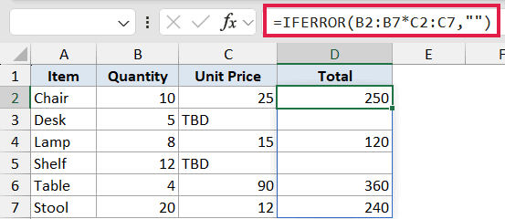 Excel formula bar showing IFERROR function used to calculate totals while replacing errors with empty strings