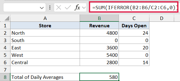 Excel formula bar showing SUM(IFERROR(B2:B6/C2:C6,0)) to calculate total daily averages with error handling
