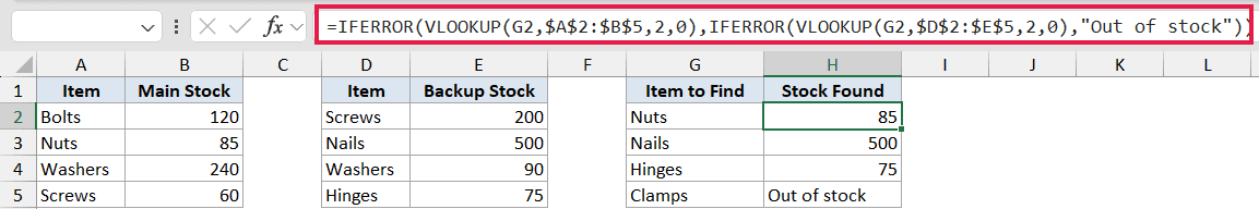 Nested IFERROR formula in Excel formula bar using VLOOKUP to search two stock tables and return Out of stock if missing