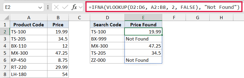 Excel formula bar showing IFNA with VLOOKUP to return Not Found for missing values in a price lookup table