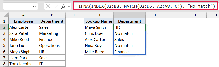 Excel formula bar showing IFNA with INDEX and MATCH functions to return No match for missing lookup values