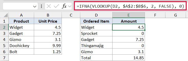 Excel formula bar showing IFNA with VLOOKUP to return 0 for missing items in a product price table