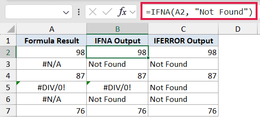 Excel formula bar showing =IFNA(A2, Not Found) applied to a table comparing IFNA and IFERROR outputs for various errors
