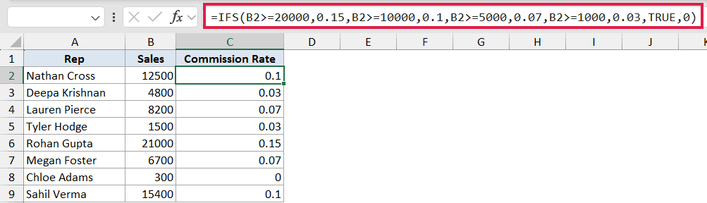 Excel IFS formula calculating commission rates based on sales tiers with a TRUE default value of 0