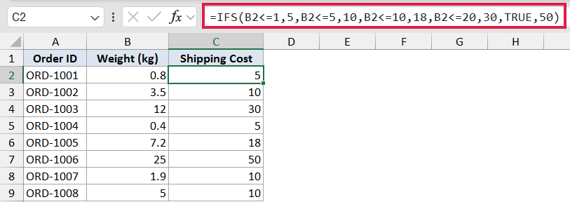 Excel formula bar showing an IFS function with multiple weight-based shipping cost conditions for a data table