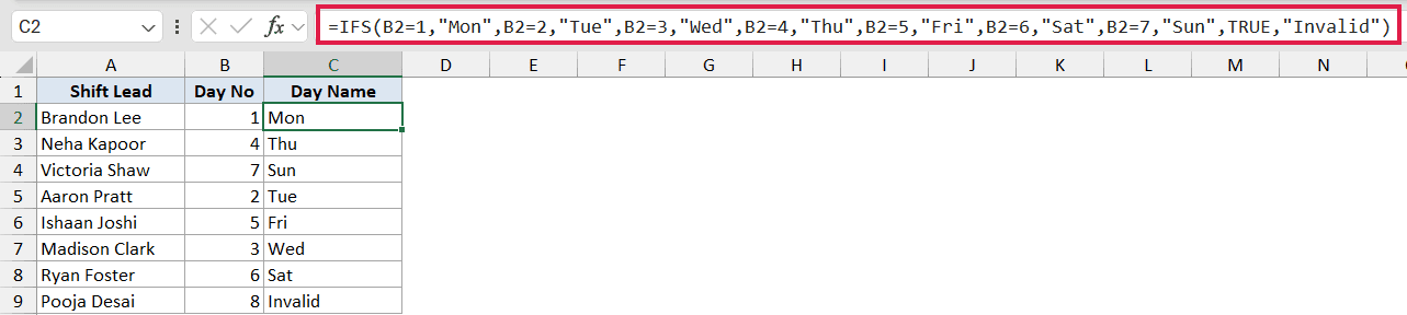 Excel IFS formula converting day numbers 1-7 into day names with a default Invalid label for other values