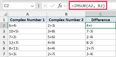 Excel formula bar showing IMSUB(A2, B2) to subtract complex numbers in cells A2 and B2, with results in column C