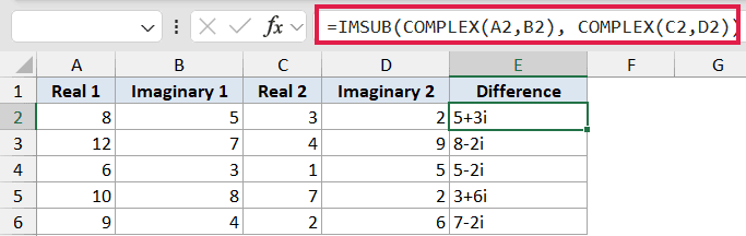 Excel formula bar showing IMSUB with nested COMPLEX functions to subtract complex numbers in cells A2 through D2