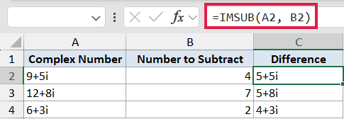 Excel formula bar showing =IMSUB(A2, B2) to subtract complex numbers in column A from values in column B