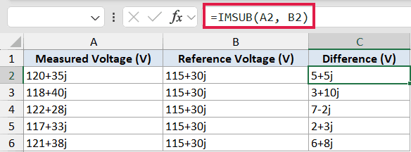 Excel formula bar showing =IMSUB(A2, B2) applied to columns of complex numbers for voltage difference calculation