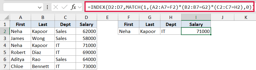 Excel formula bar showing an INDEX MATCH formula with three criteria to look up a salary in a data table