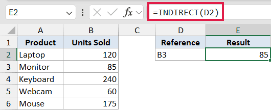 Excel formula bar showing =INDIRECT(D2) with cell E2 displaying the result 85 based on reference B3