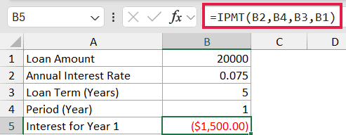 Excel formula bar showing =IPMT(B2,B4,B3,B1) to calculate interest for year 1 of a loan in cell B5