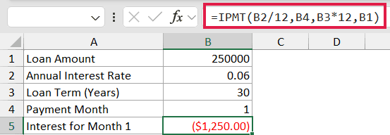 Excel formula bar showing IPMT function with cell references for loan amount, interest rate, term, and payment month