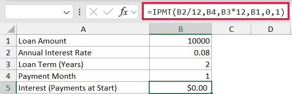 Excel formula bar showing IPMT function with arguments for loan amount, interest rate, term, and payment period