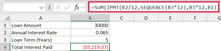 Excel formula bar showing a SUM and IPMT function to calculate total interest paid on a loan