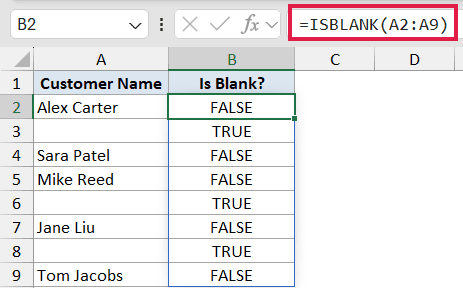 Excel formula bar showing =ISBLANK(A2:A9) with results in column B displaying TRUE for empty cells and FALSE for names