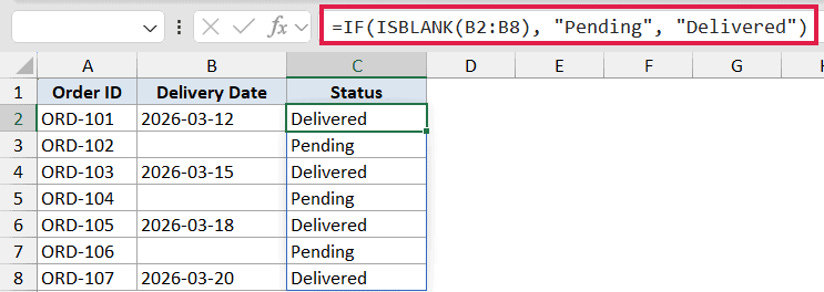 Excel formula bar showing IF ISBLANK function applied to a delivery status column with Pending and Delivered results