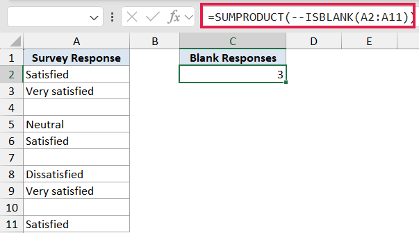 Excel formula bar showing SUMPRODUCT with ISBLANK to count 3 empty cells in a survey response column