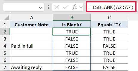 Excel formula bar showing =ISBLANK(A2:A7) with results in column B comparing empty and non-empty cells