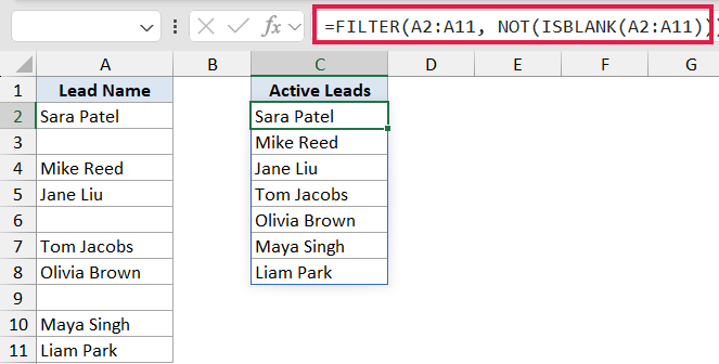 Excel formula bar showing =FILTER(A2:A11, NOT(ISBLANK(A2:A11))) to extract non-empty lead names into column C