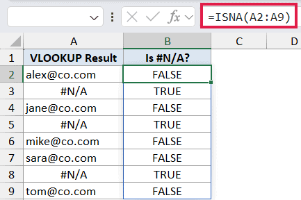Excel formula bar showing =ISNA(A2:A9) applied to a column of VLOOKUP results, returning TRUE for #N/A errors and FALSE