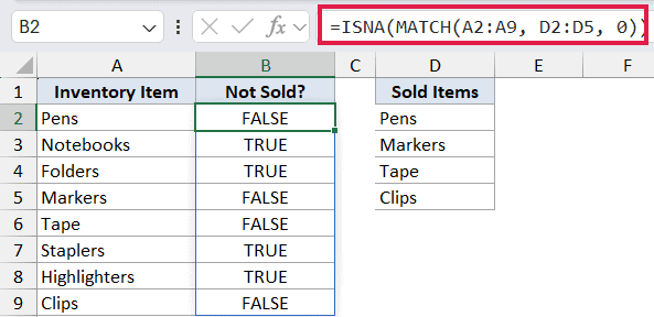 Excel formula bar showing ISNA(MATCH(A2:A9, D2:D5, 0)) to identify missing inventory items with TRUE or FALSE results