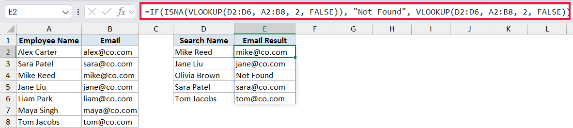 Excel formula bar showing IF ISNA VLOOKUP function to return Not Found for missing email addresses in a table