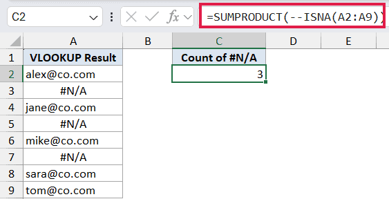 Excel formula =SUMPRODUCT(--ISNA(A2:A9)) in the formula bar, returning a count of 3 for #N/A errors in column A