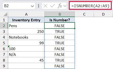 Excel formula bar showing =ISNUMBER(A2:A9) with column B displaying TRUE or FALSE results for inventory entries