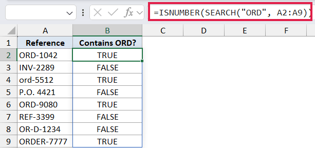 Excel formula bar showing ISNUMBER SEARCH function with results for ORD text strings in column B