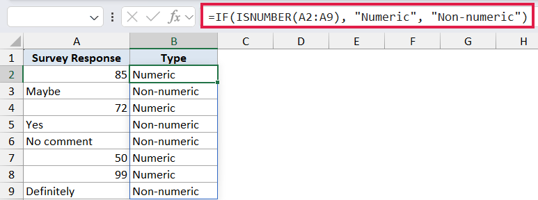 Excel formula bar showing IF(ISNUMBER(A2:A9), "Numeric", "Non-numeric") applied to a survey response data table