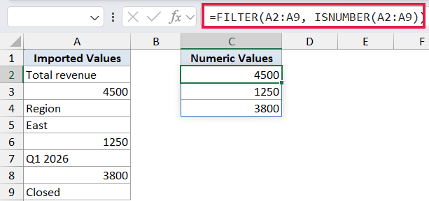 Excel formula bar showing =FILTER(A2:A9, ISNUMBER(A2:A9)) to extract numeric values from a mixed data column into column C
