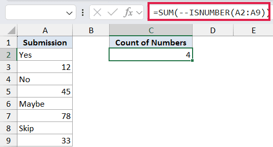Excel formula bar showing =SUM(--ISNUMBER(A2:A9)) to count numeric values in a list, resulting in 4