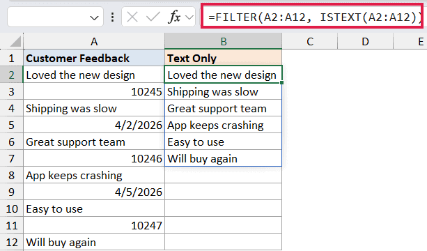 Excel formula bar showing FILTER and ISTEXT to extract text-only customer feedback from a mixed data list