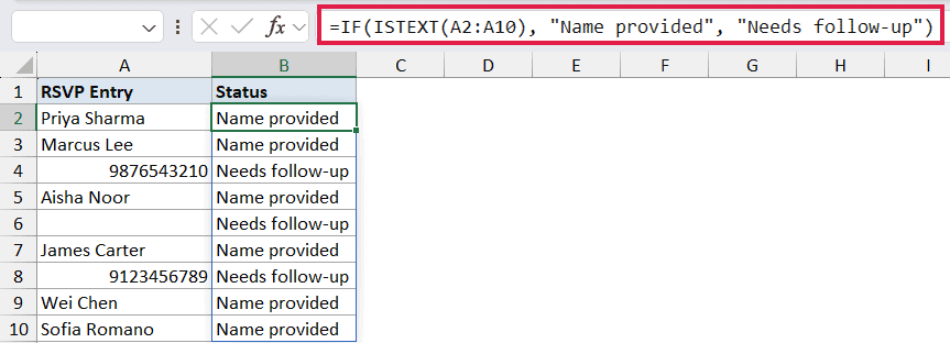 Excel formula bar showing IF and ISTEXT function to return Name provided or Needs follow-up based on RSVP entry data