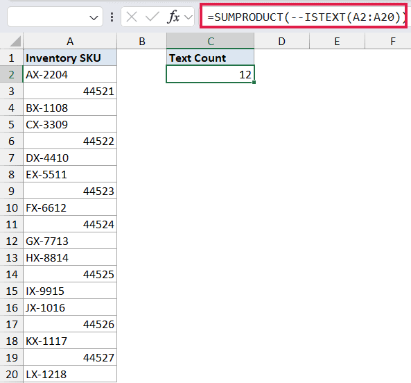 Excel formula bar showing SUMPRODUCT with ISTEXT to count text values in a range, returning a result of 12