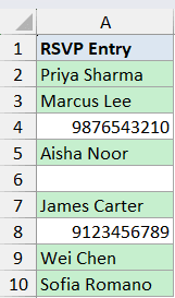 Excel column with ISTEXT conditional formatting highlighting name cells in light green while numbers and blanks stay white