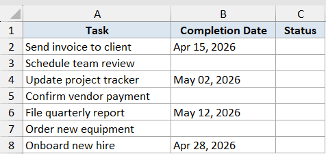 Excel IF Function Dataset Example 7 showing a task list with completion dates and an empty status column