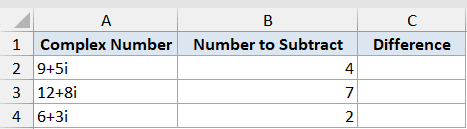 Imsub Function Dataset Example 3 showing complex numbers in column A and real numbers to subtract in column B