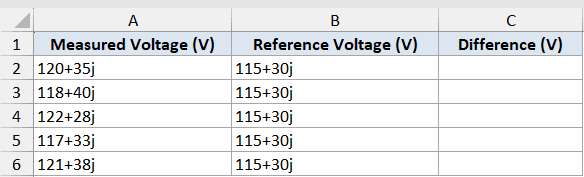 Excel table showing complex numbers for Measured Voltage and Reference Voltage in columns A and B for IMSUB calculation